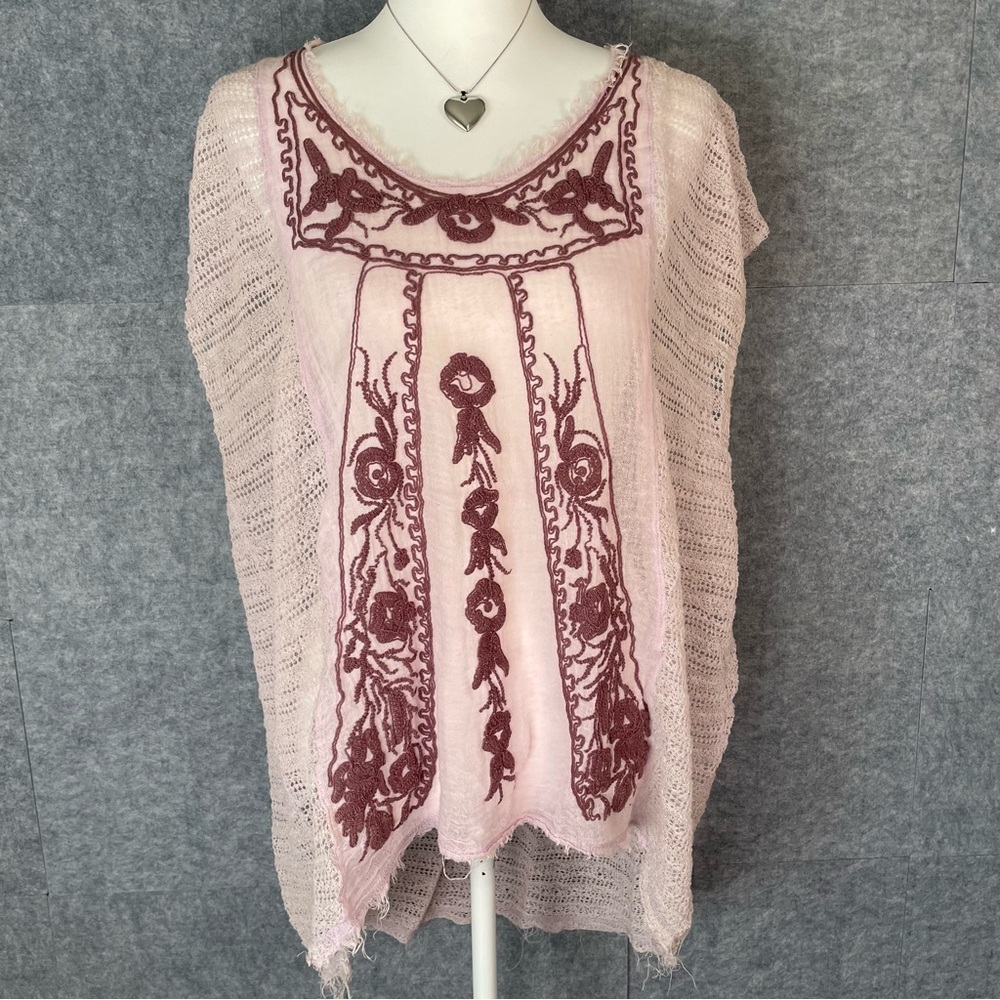 Free People Pink Tunic with Burgundy Embroidered Panel